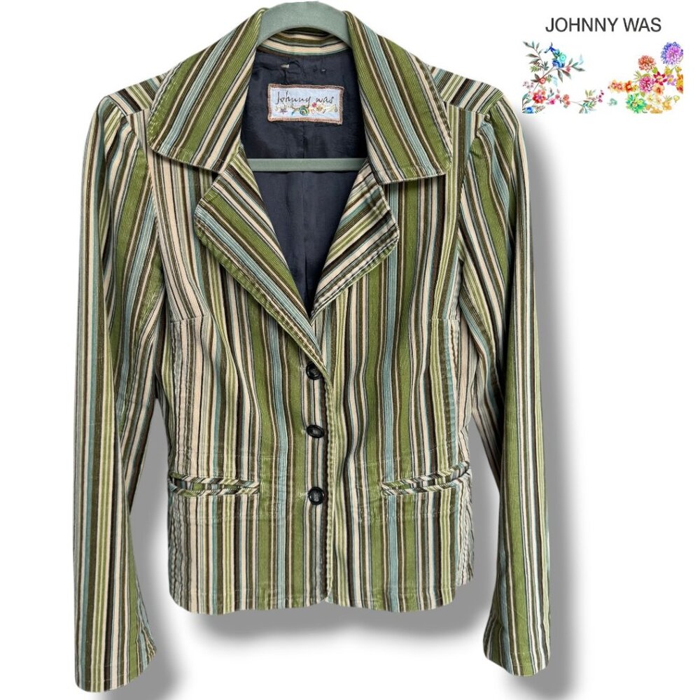 JOHNNY WAS Jacket Vintage Women’s Velvet Striped Green Blazer Velour | Approx S